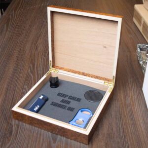 FUME KEEP CALM AND SMOKE ON HS GIFT SET - HUMIDOR WITH BLUE LIGHTER, CUTTER, METAL CIGAR HOLDER WITH HUMIDIFIER (GS-163)