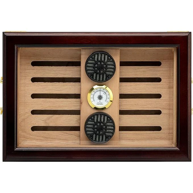HUMIDOR SUPREME EL REY GLASS TOP HUMIDOR WITH HYGROMETER HOLDS 80 - 100 CIGARS MAHOGANY COLOUR ( HUM-150G) - Image 2