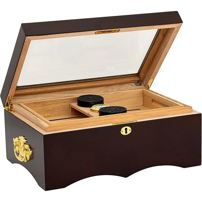 HUMIDOR SUPREME EL REY GLASS TOP HUMIDOR WITH HYGROMETER HOLDS 80 - 100 CIGARS MAHOGANY COLOUR ( HUM-150G)