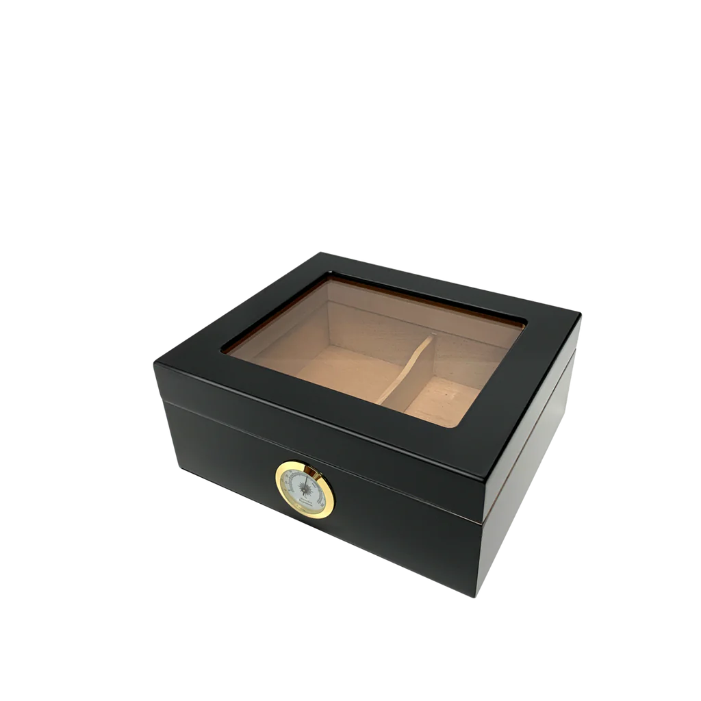 HUMIDOR SUPREME CAPRI GLASSTOP HUMIDOR WITH HYGROMETER HOLDS 40 - 50 CIGARS BLACK COLOUR (HUM-25HYG-BK)