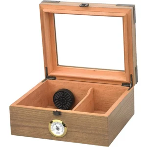 HUMIDOR SUPREME NEWPORT GLASSTOP HUMIDOR WITH HYGROMETER HOLDS 40 - 50 CIGARS WHITE OAK COLOUR (HUM-25WO)