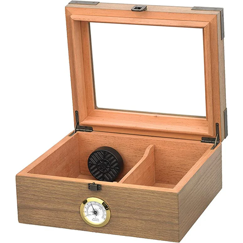 HUMIDOR SUPREME NEWPORT GLASSTOP HUMIDOR WITH HYGROMETER HOLDS 40 - 50 CIGARS WHITE OAK COLOUR (HUM-25WO)