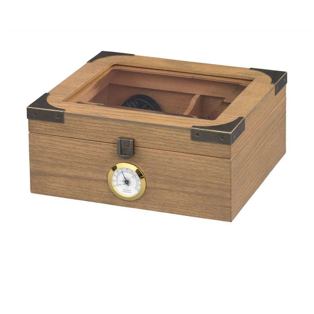 HUMIDOR SUPREME NEWPORT GLASSTOP HUMIDOR WITH HYGROMETER HOLDS 40 - 50 CIGARS WHITE OAK COLOUR (HUM-25WO) - Image 2